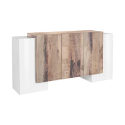Credenza Arek, cm 170x45h85, Bianco lucido e Acero<Dmora Store