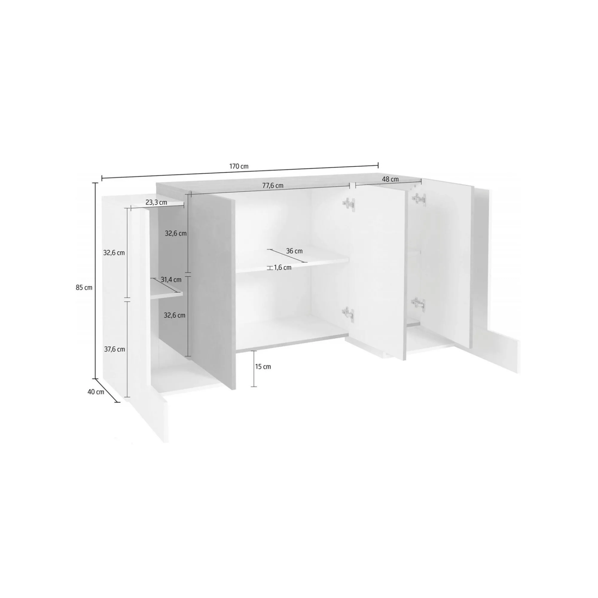 Credenza Arek, cm 170x45h85, Bianco lucido e Ardesia<Dmora Sale