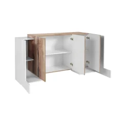 Credenza Arek, cm 170x45h85, Bianco lucido e Acero<Dmora Store