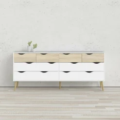 Credenza Arista, 196x39 h82 cm, Bianco e Quercia<Dmora Discount