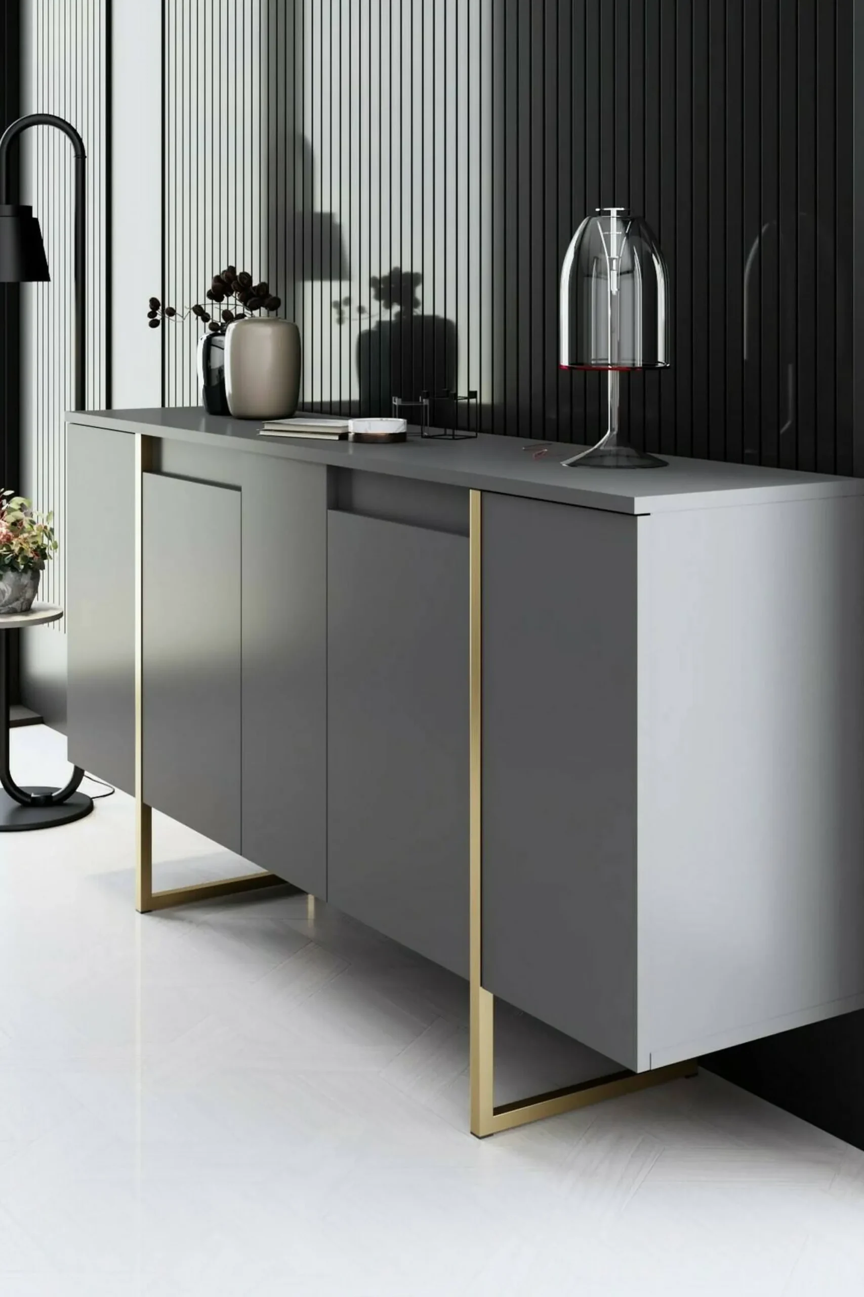 Credenza Arta, 160x35h80 cm, Antracite e Oro<Dmora Shop