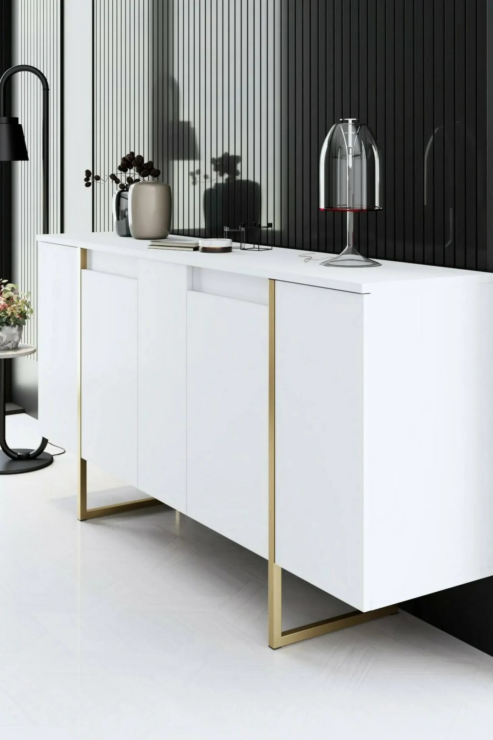 Credenza Arta, 160x35h80 cm, Bianco e Oro<Dmora Hot