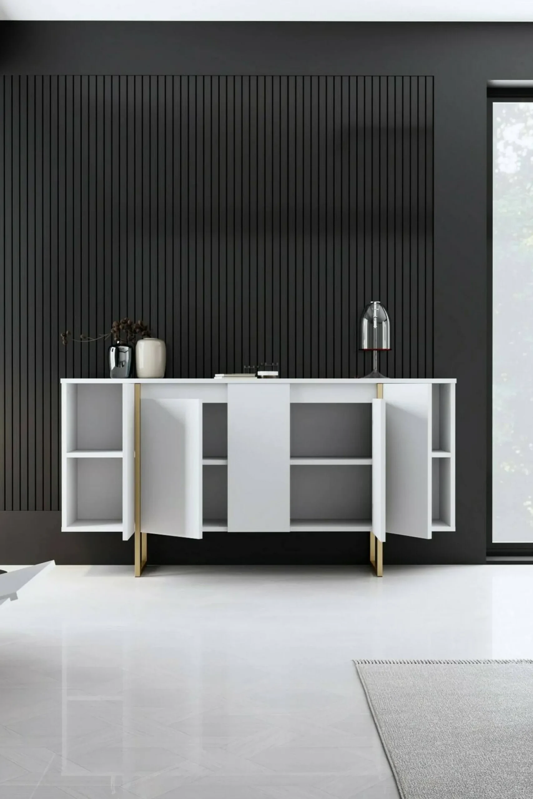Credenza Arta, 160x35h80 cm, Bianco e Oro<Dmora Hot