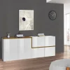 Credenza Asaba, cm 210x40h80, Bianco lucido e Acero<Dmora Discount