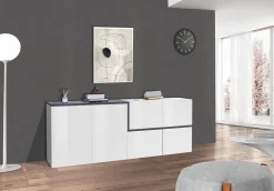 Credenza Asaba, cm 210x40h80, Bianco lucido e Ardesia<Dmora Sale