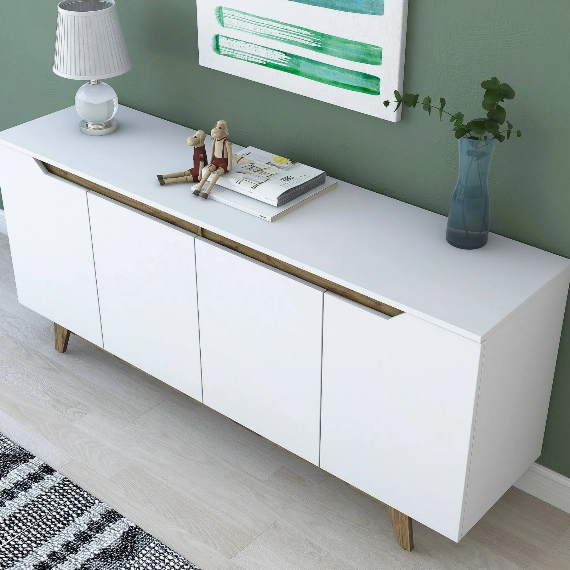 Credenza Ascaro, 180x45h79 cm, Bianco e Noce<Dmora Store