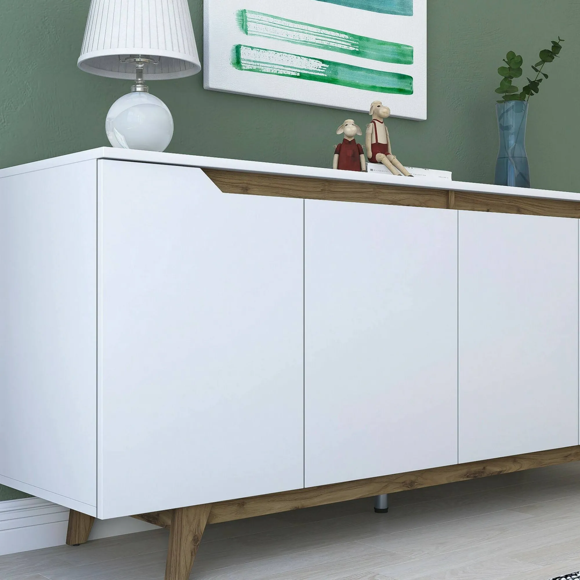 Credenza Ascaro, 180x45h79 cm, Bianco e Noce<Dmora Store