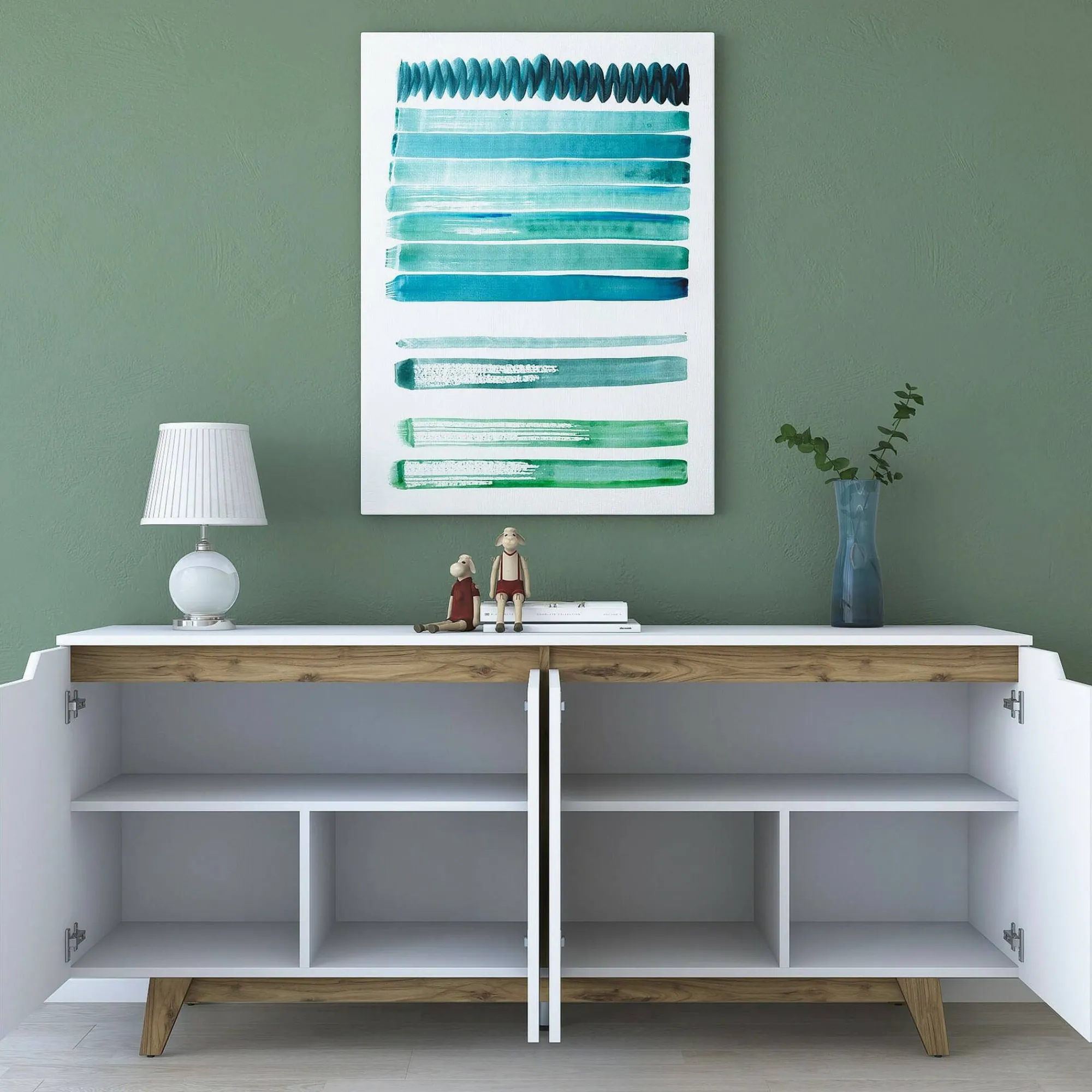 Credenza Ascaro, 180x45h79 cm, Bianco e Noce<Dmora Store