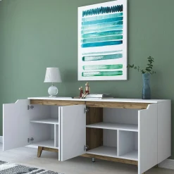 Credenza Ascaro, 180x45h79 cm, Bianco e Noce<Dmora Store
