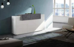 Credenza Aschly, cm 160x45h86, Bianco lucido e Ardesia<Dmora Outlet