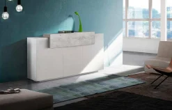 Credenza Aschly, cm 160x45h86, Bianco lucido e Cemento<Dmora Fashion