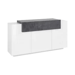Credenza Aschly, cm 160x45h86, Bianco lucido e Ardesia<Dmora Outlet