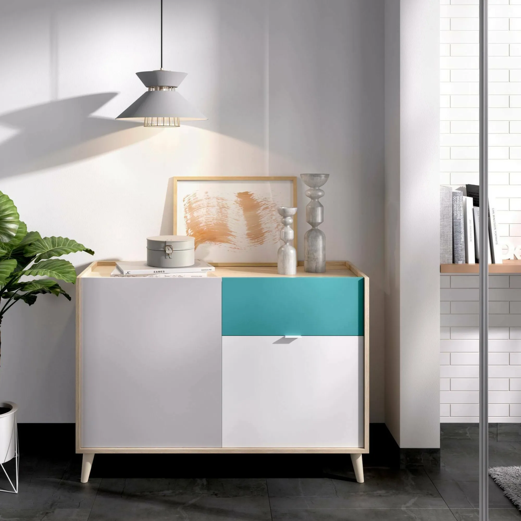 Credenza Ascot, 105x43h75 cm, Bianco e Rovere<Dmora New