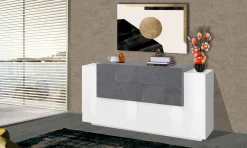 Credenza Ashi, cm 160x45h86, Bianco lucido e Ardesia<Dmora Shop