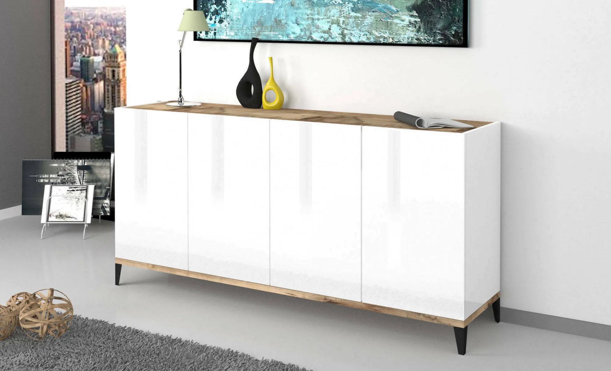 Credenza Ashley, cm 160x40h82, Bianco lucido e Acero<Dmora Fashion
