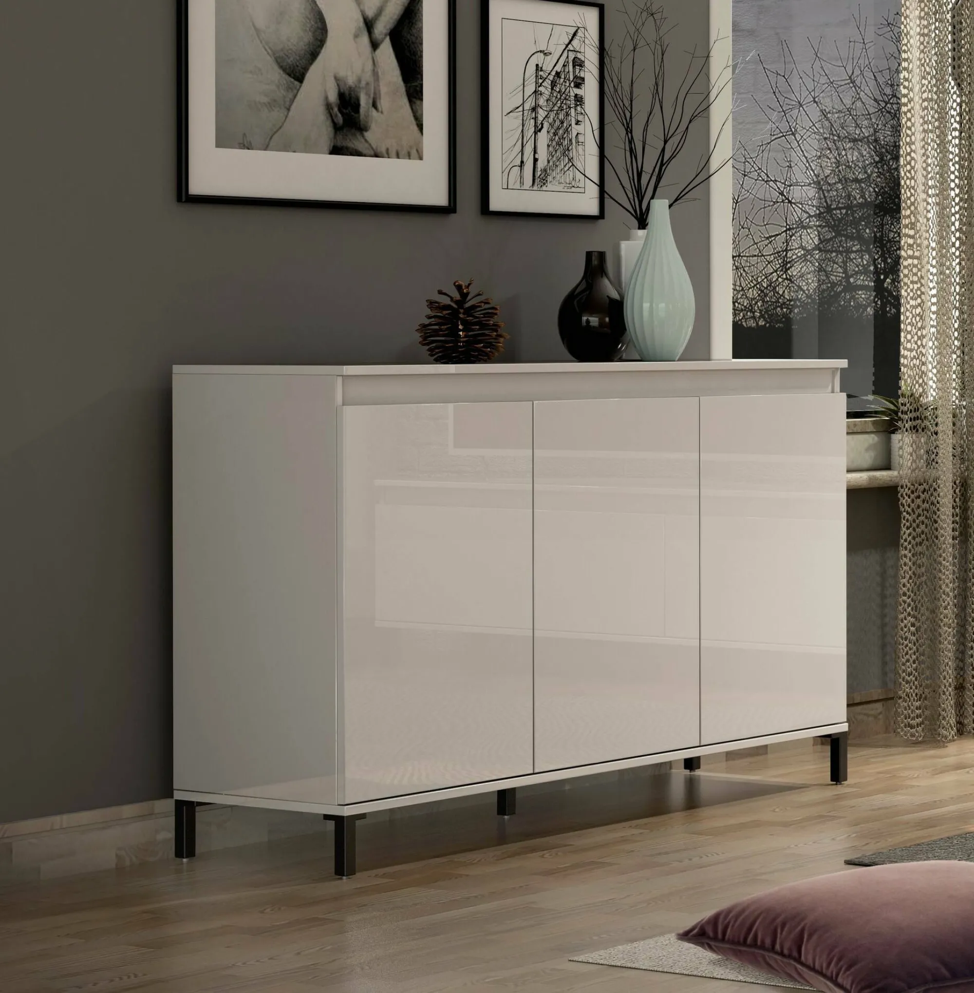 Credenza Assinello, 138x40h90 cm, Bianco lucido e Antracite<Dmora Discount