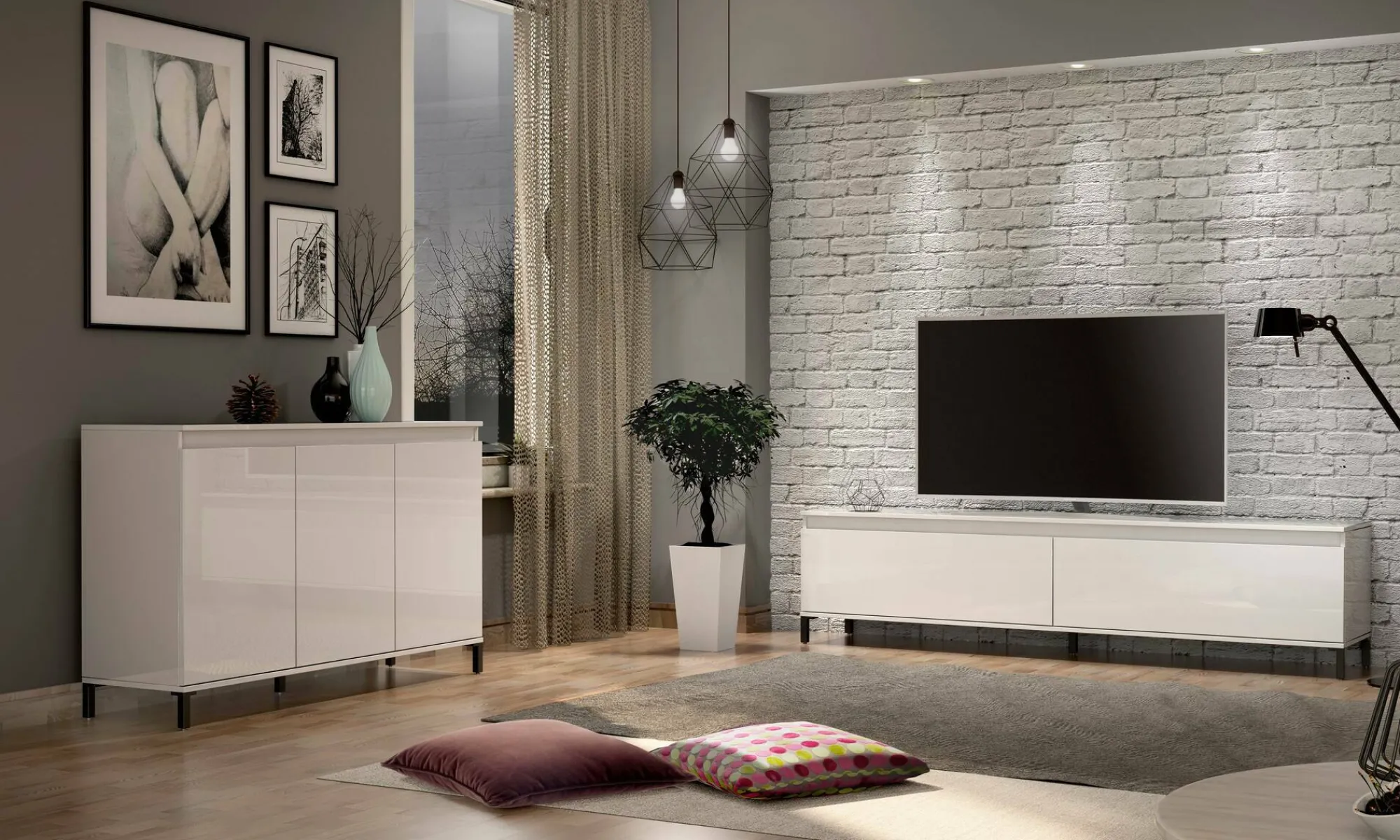 Credenza Assinello, 138x40h90 cm, Bianco lucido e Antracite<Dmora Discount