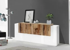 Credenza Astice, cm 200x45h86, Bianco lucido e Acero<Dmora Discount