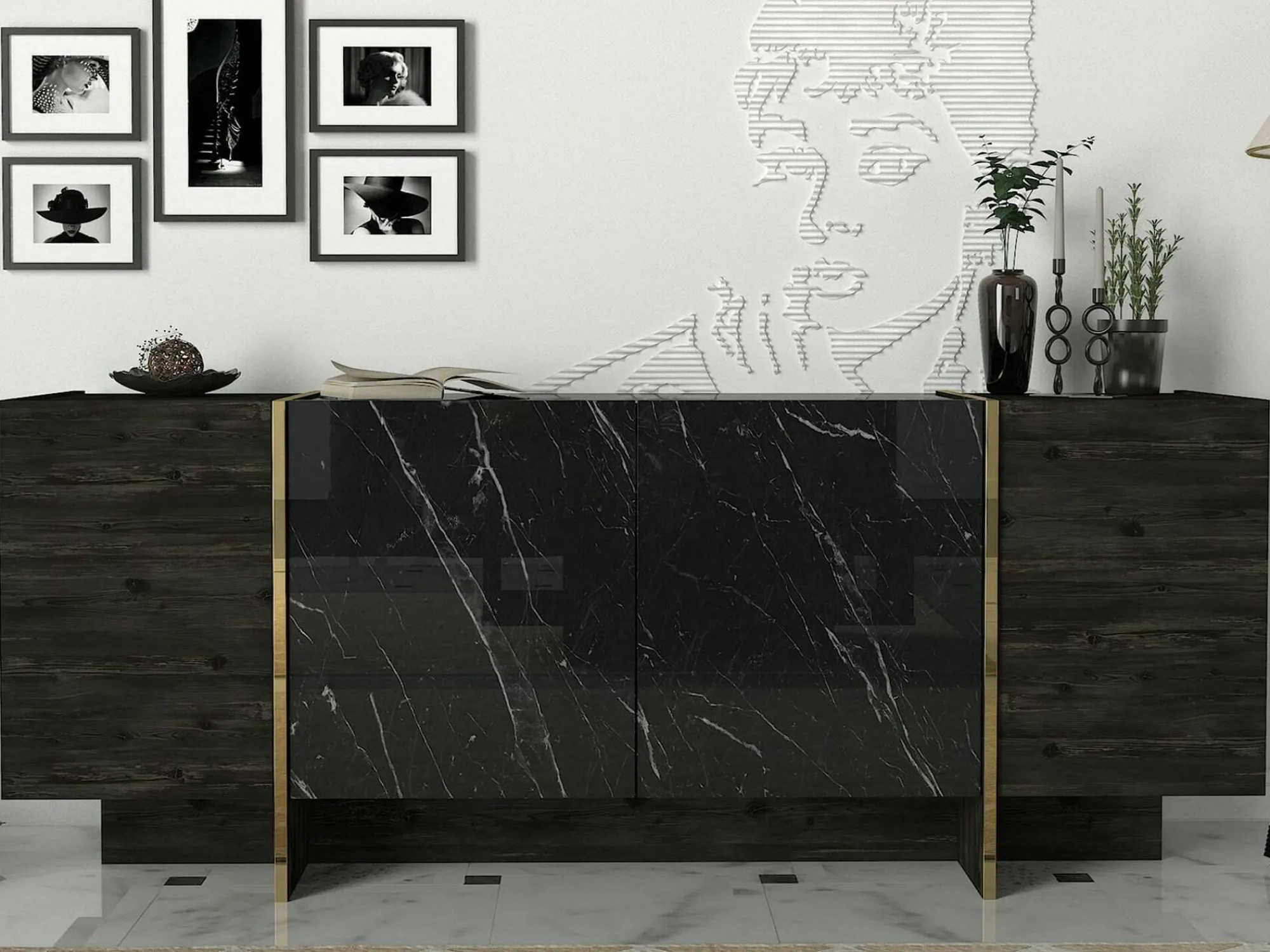 Credenza Asto, 180x47h76 cm, Nero e Oro<Dmora Sale