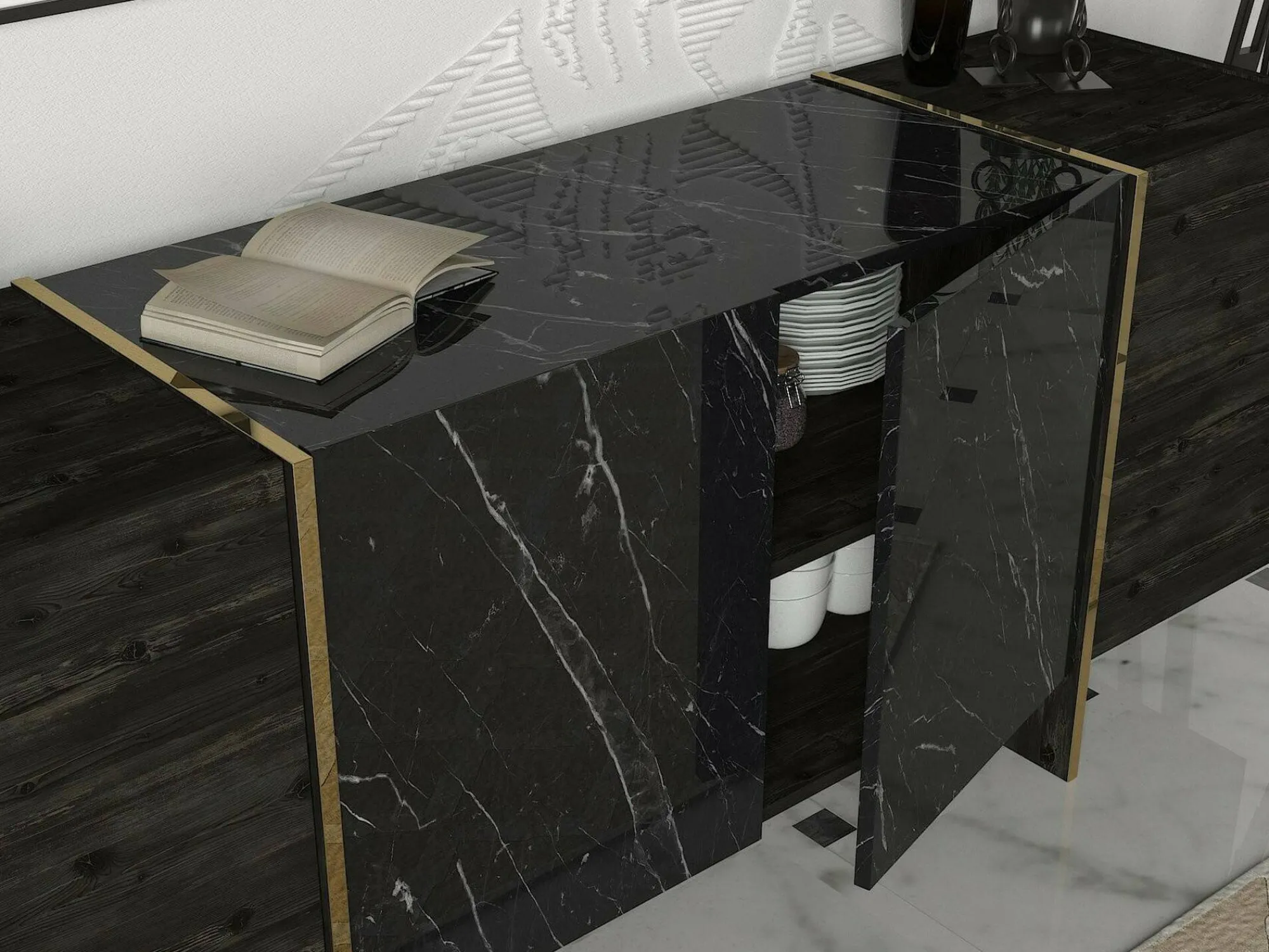 Credenza Asto, 180x47h76 cm, Nero e Oro<Dmora Sale