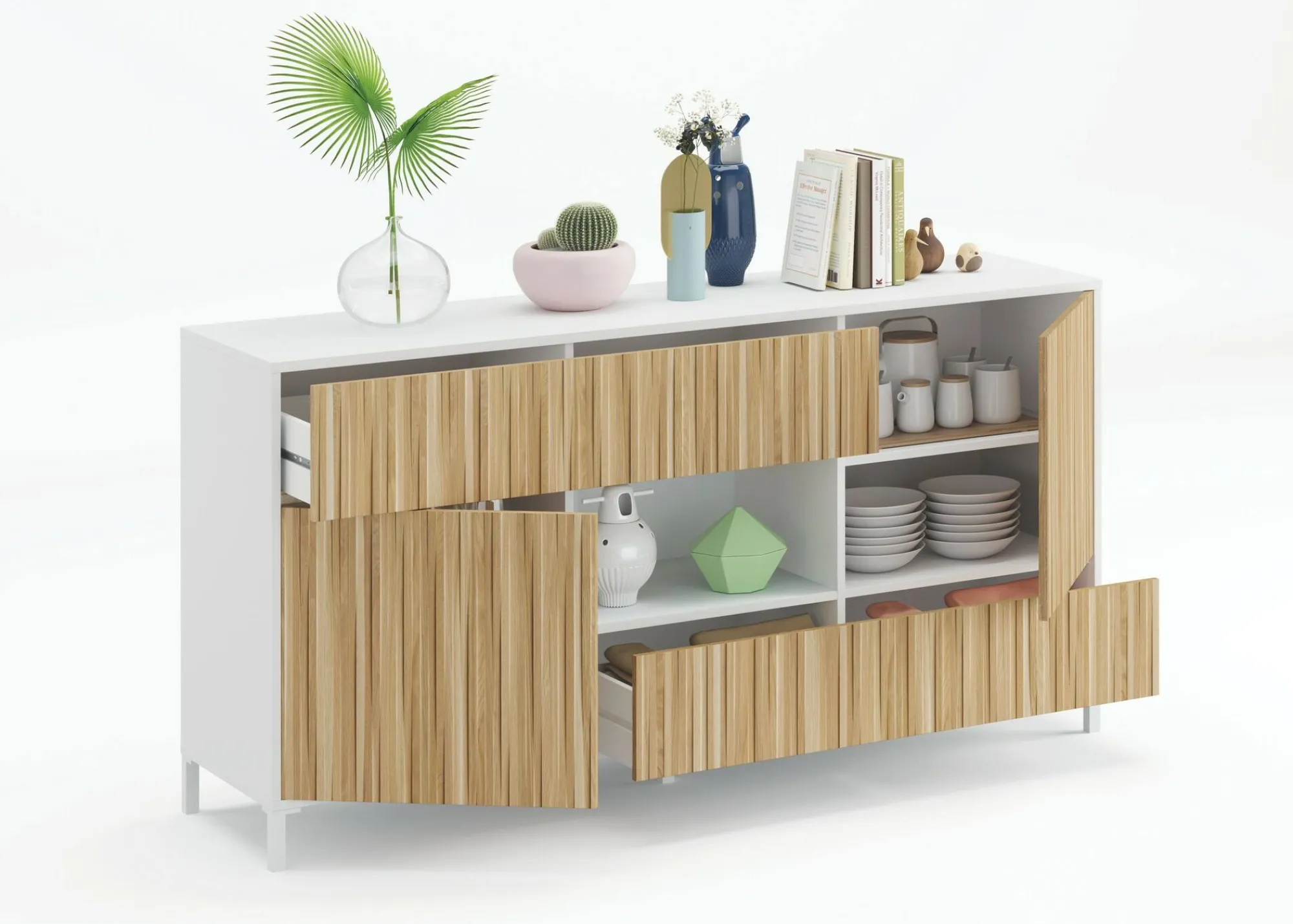 Credenza Atessa, 151x41h80 cm, Rovere e Bianco lucido<Dmora Shop