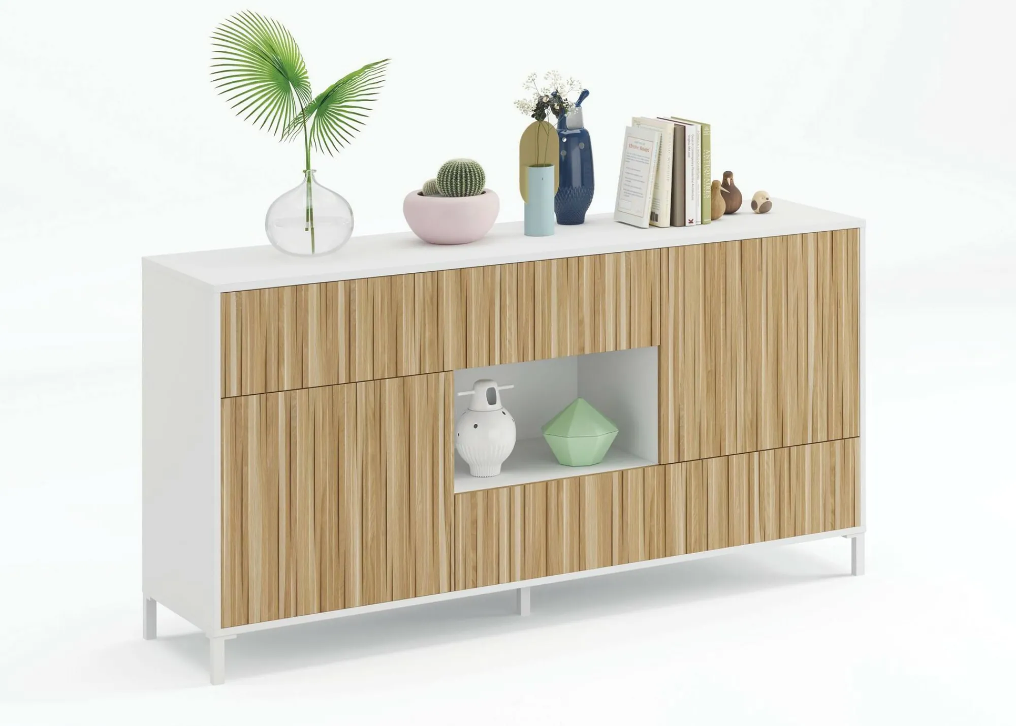 Credenza Atessa, 151x41h80 cm, Rovere e Bianco lucido<Dmora Shop