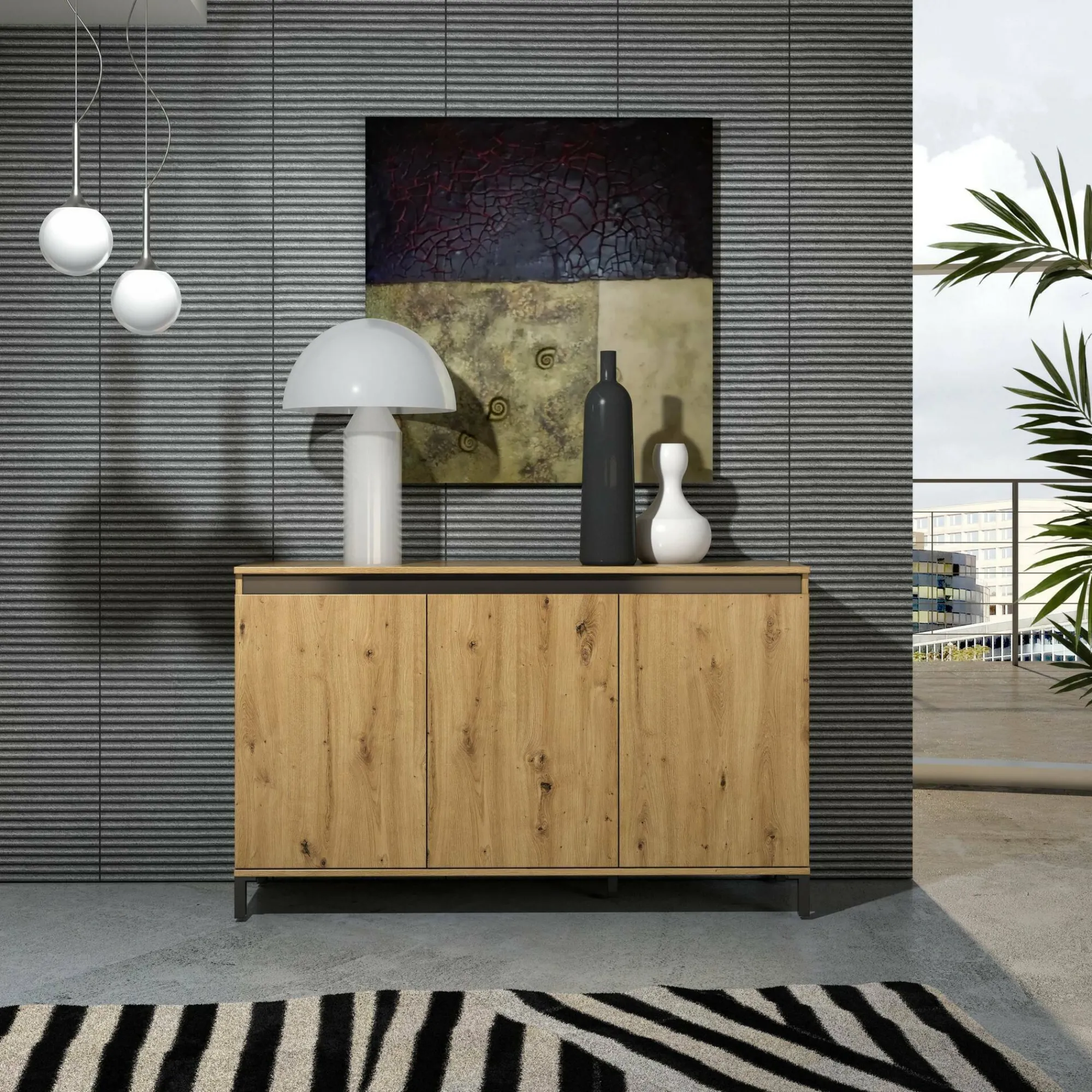 Credenza Attilius, 138x40h90 cm, Bianco lucido e Antracite<Dmora Best