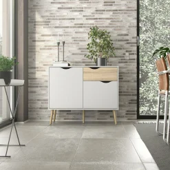 Credenza Audit, 98x39 h81 cm, Bianco e Quercia<Dmora New