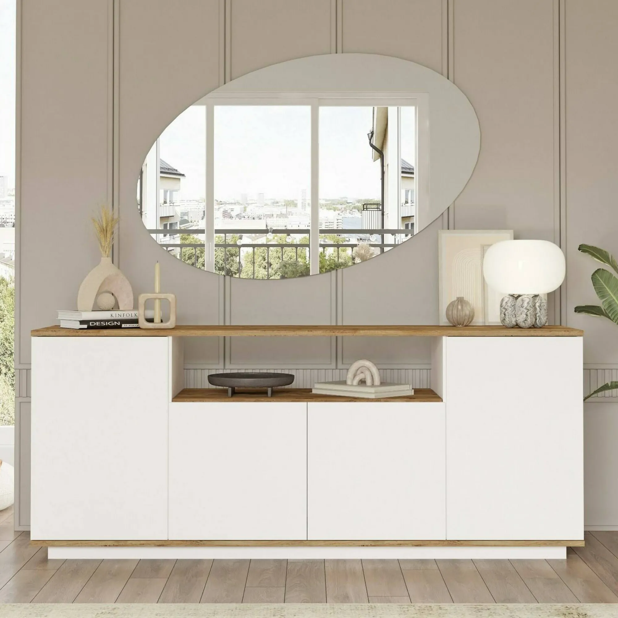 Credenza Aziz, 180x45h75 cm, Quercia e Bianco<Dmora Sale