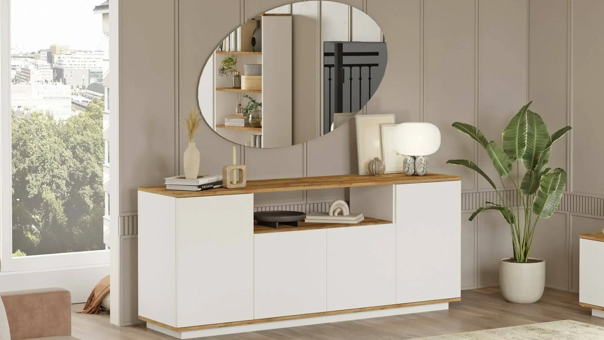 Credenza Aziz, 180x45h75 cm, Quercia e Bianco<Dmora Sale