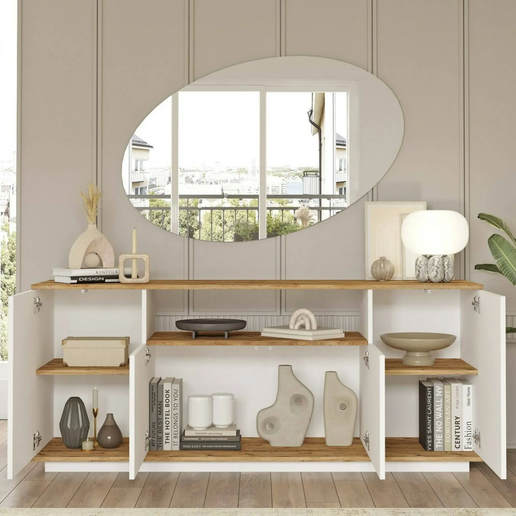 Credenza Aziz, 180x45h75 cm, Quercia e Bianco<Dmora Sale