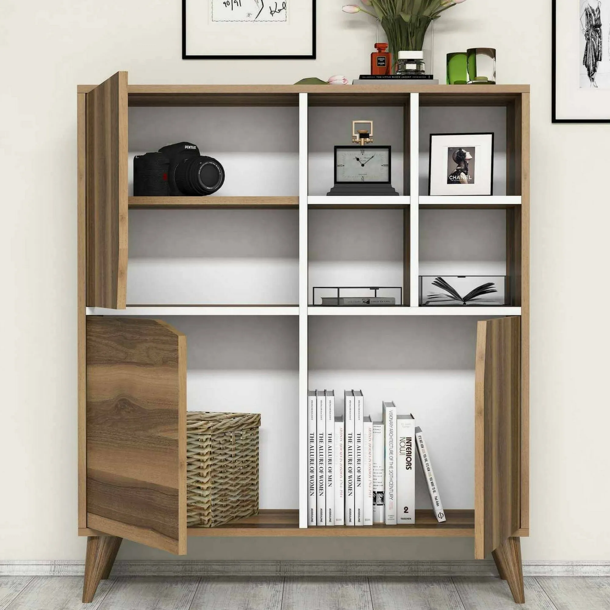 Credenza Barasso, 100x30h115 cm, Noce e Bianco<Dmora Online