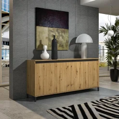 Credenza Basiano, 184x90h40 cm, Bianco lucido e Antracite<Dmora New