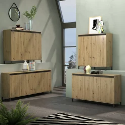 Credenza Basiano, 184x90h40 cm, Bianco lucido e Antracite<Dmora New