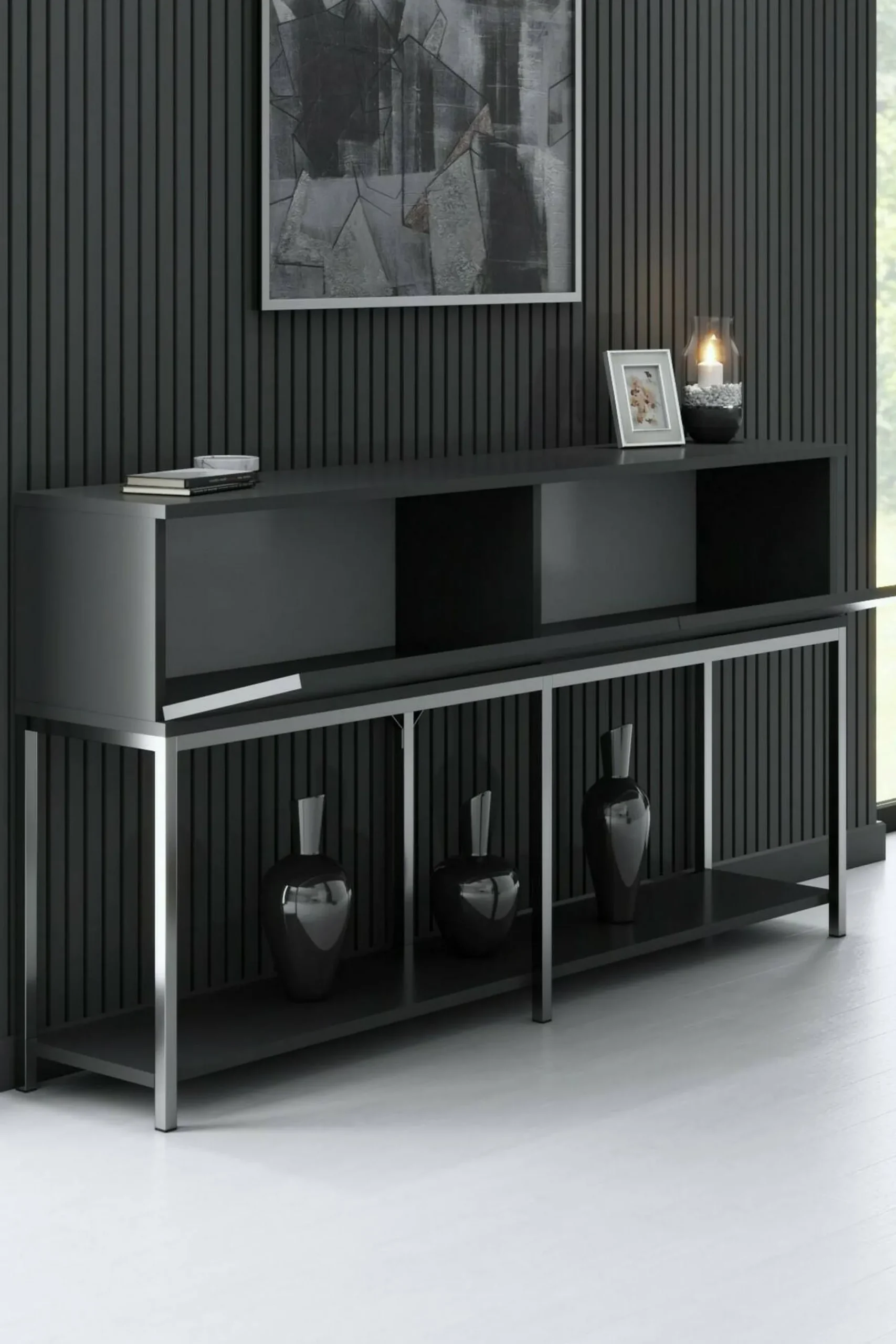 Credenza Basilia, 150x30h80 cm, Antracite e Argento<Dmora Best Sale