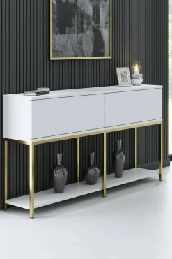 Credenza Basilia, 150x30h80 cm, Bianco e Oro<Dmora Hot