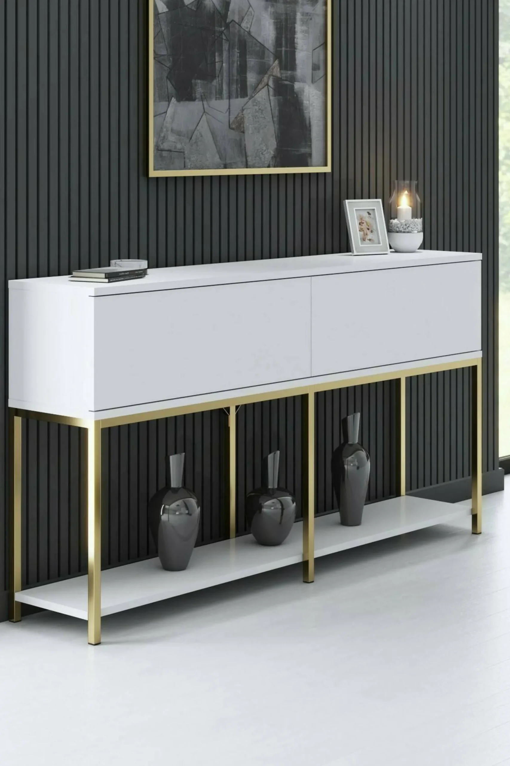 Credenza Basilia, 150x30h80 cm, Bianco e Oro<Dmora Hot