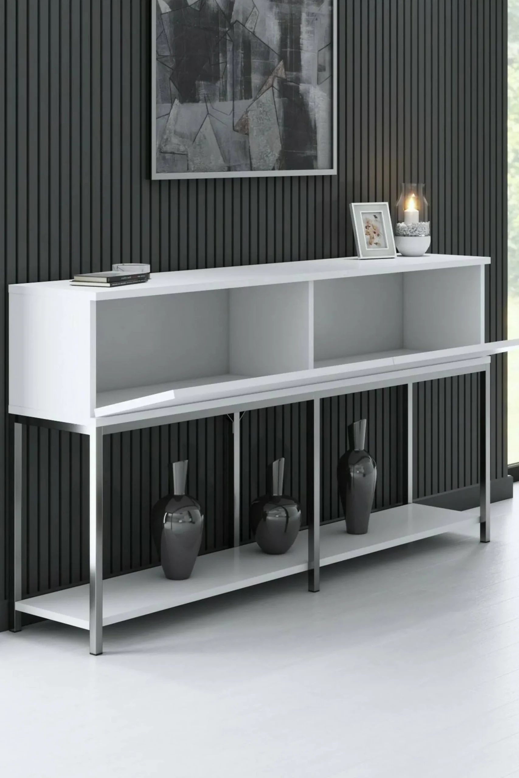 Credenza Basilia, 150x30h80 cm, Bianco e Argento<Dmora Clearance