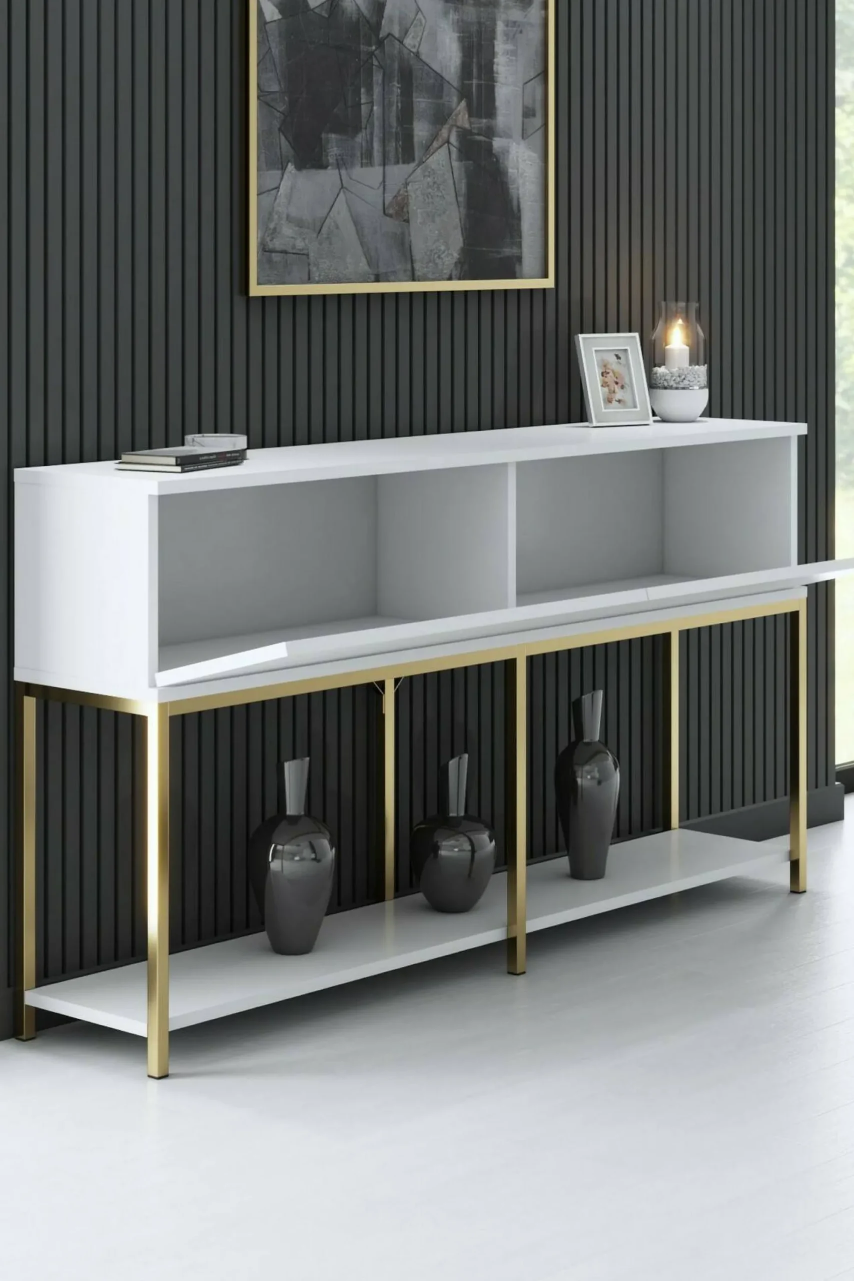 Credenza Basilia, 150x30h80 cm, Bianco e Oro<Dmora Hot