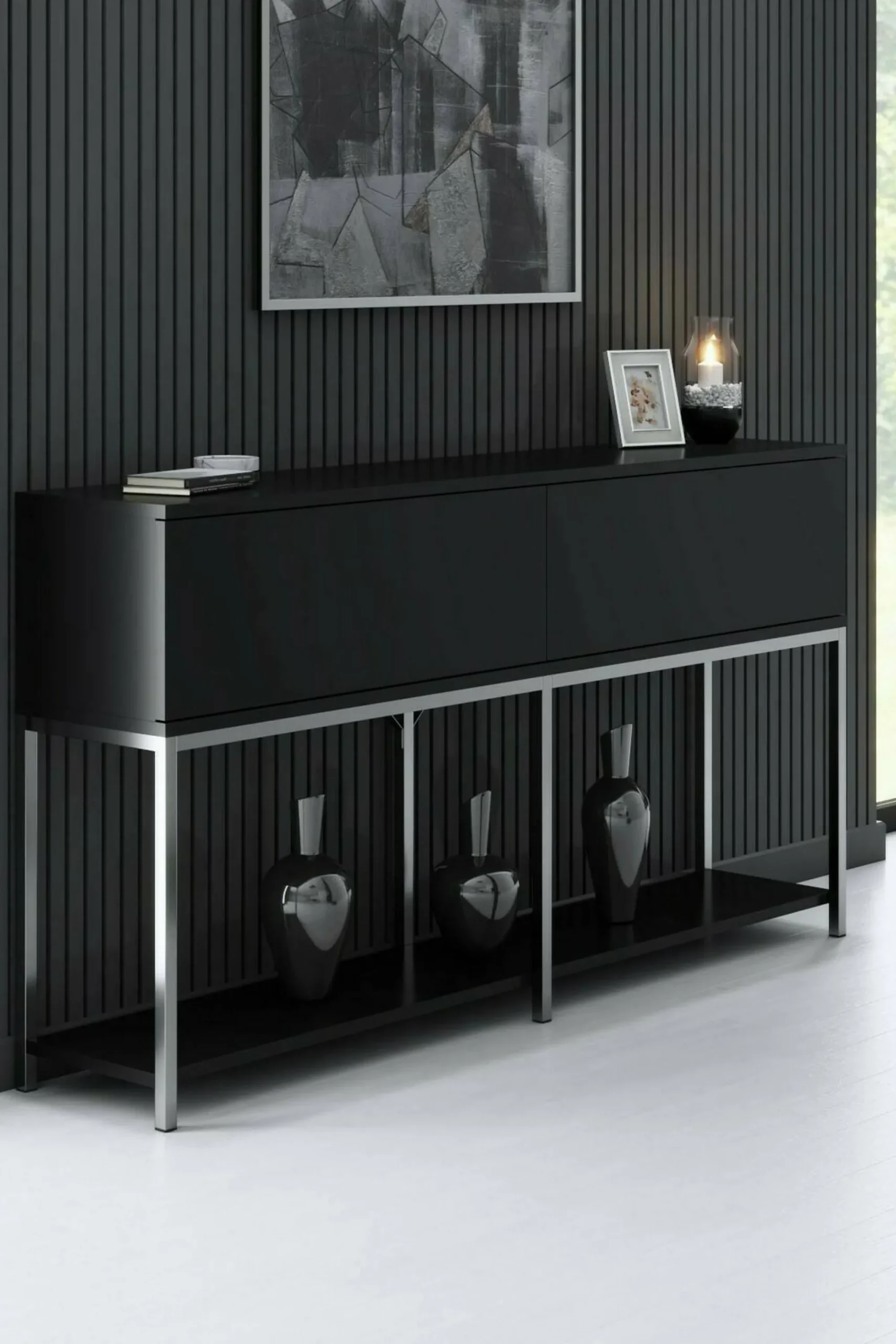 Credenza Basilia, 150x30h80 cm, Nero e Argento<Dmora Sale