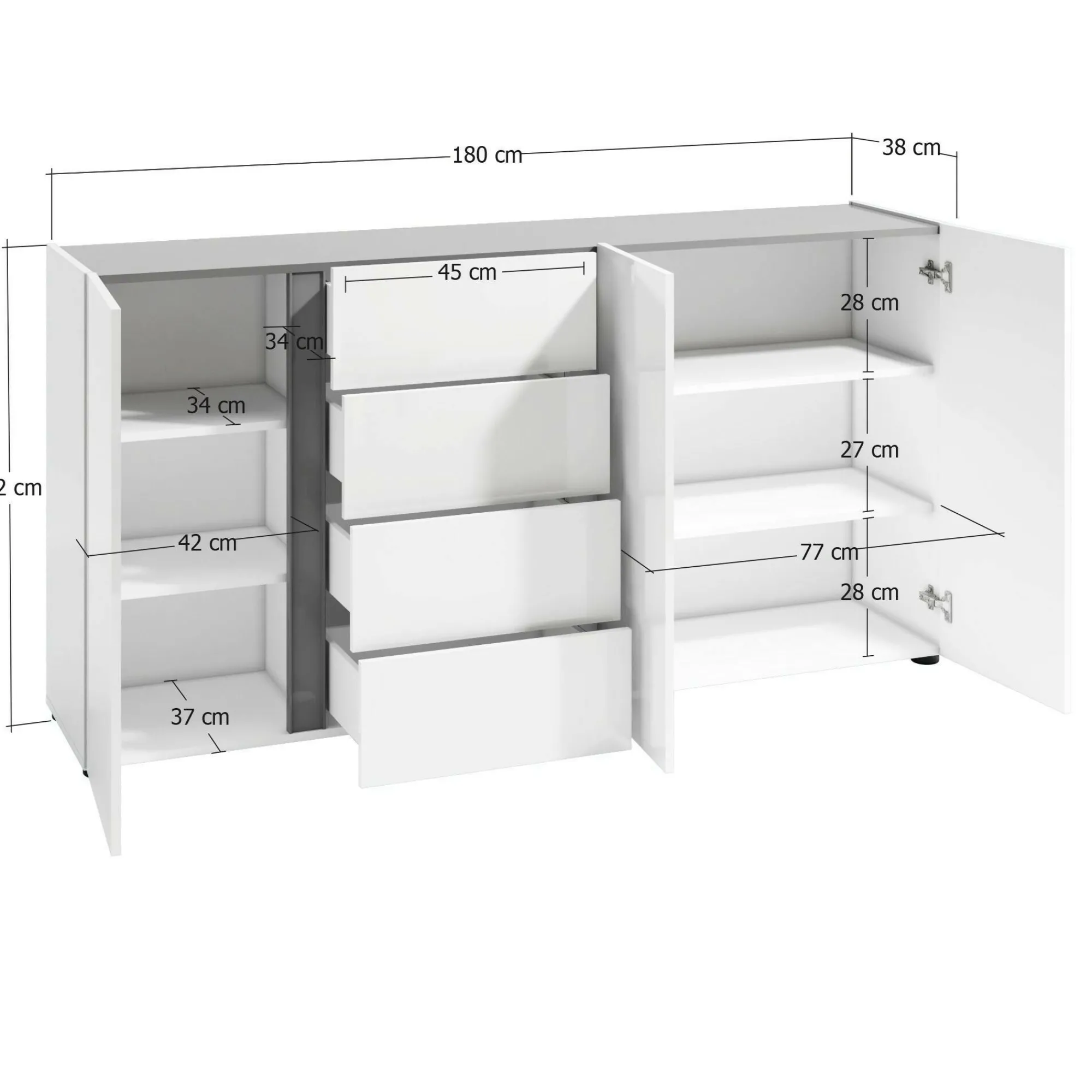 Credenza Baveno, 180x38h92 cm, Bianco lucido e Antracite<Dmora Online