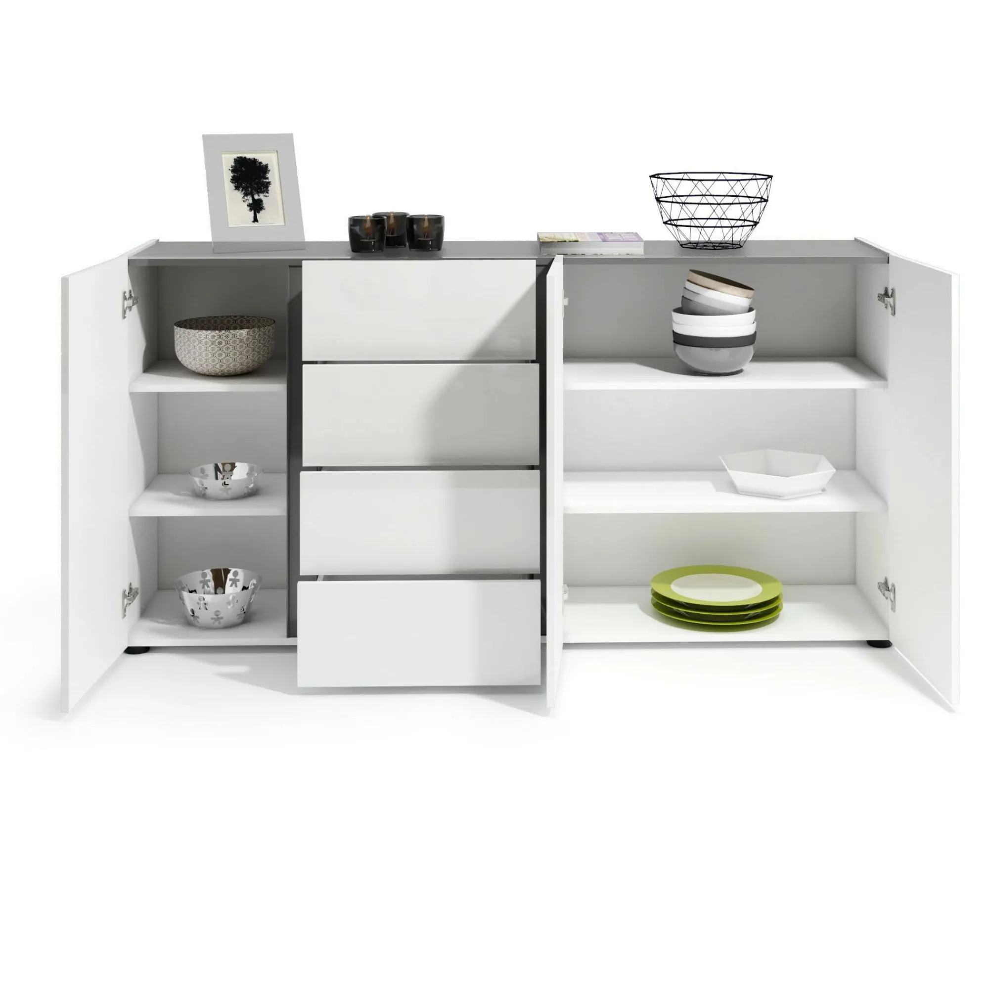 Credenza Baveno, 180x38h92 cm, Bianco lucido e Antracite<Dmora Online