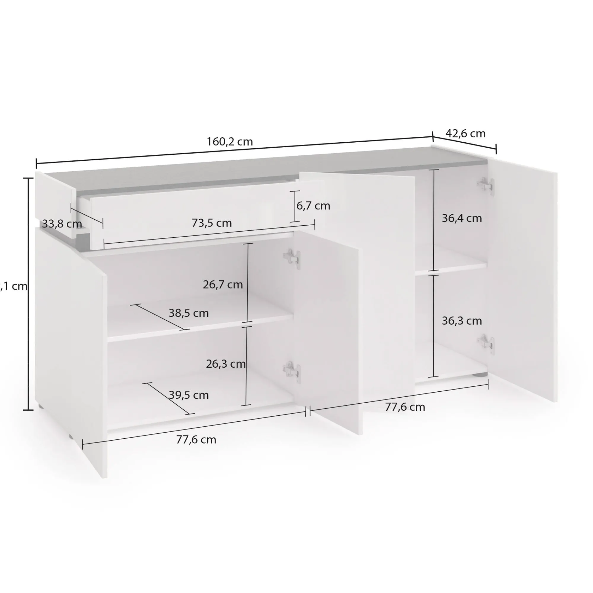 Credenza Beinette, 160x42h80 cm, Bianco lucido e Antracite<Dmora New