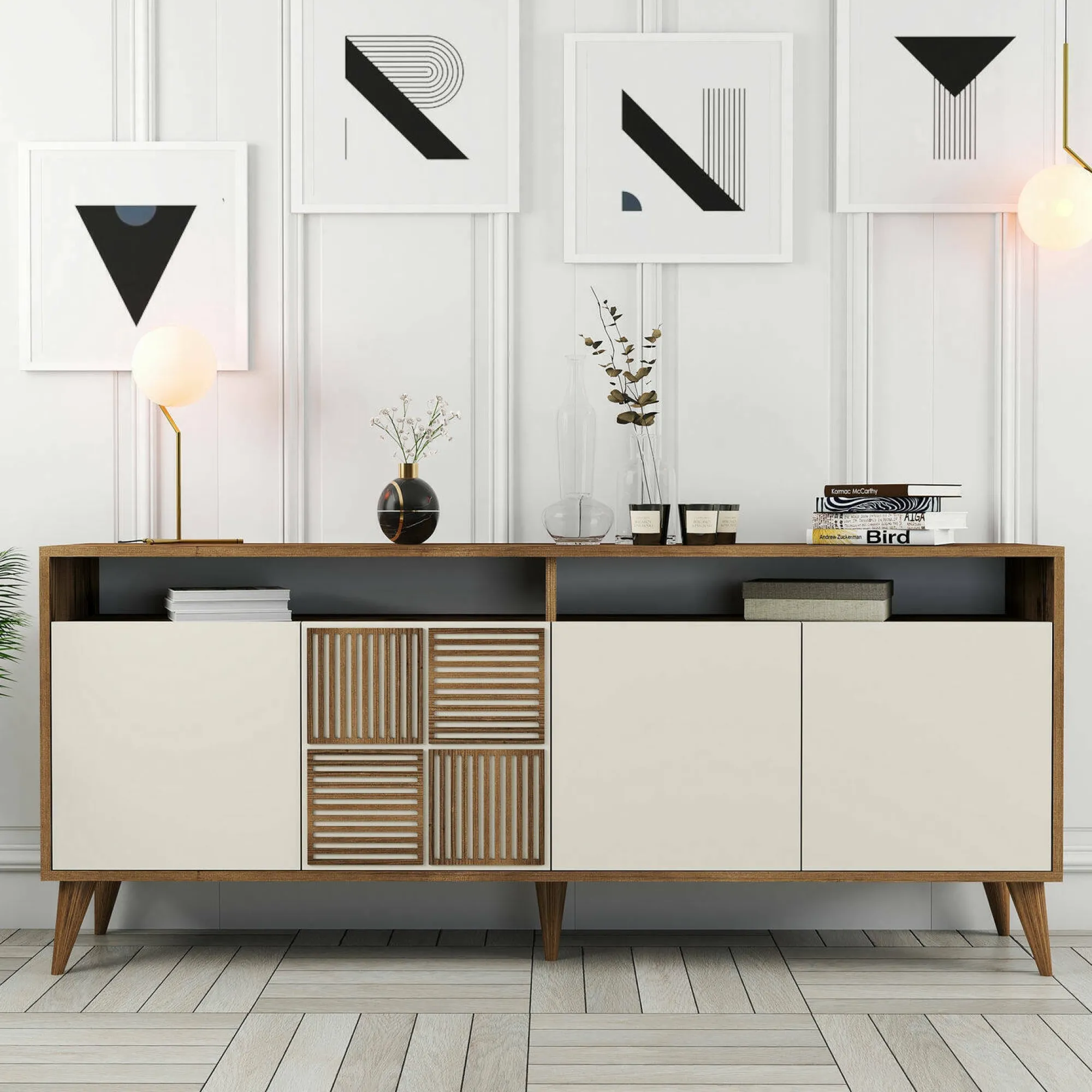 Credenza Benjamin, 180x35 h79 cm, Noce e Crema<Dmora Clearance