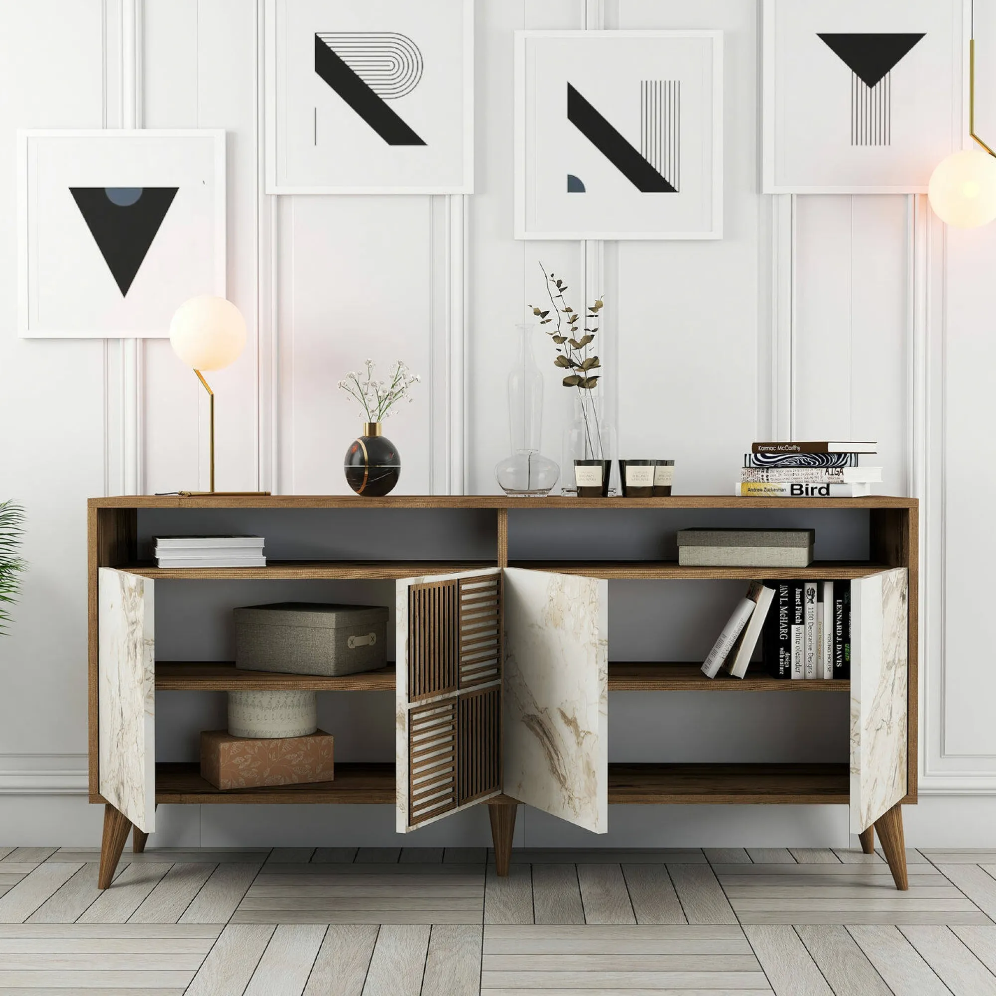 Credenza Benjamin, 160x35 h78 cm, Noce e Grigio<Dmora Cheap