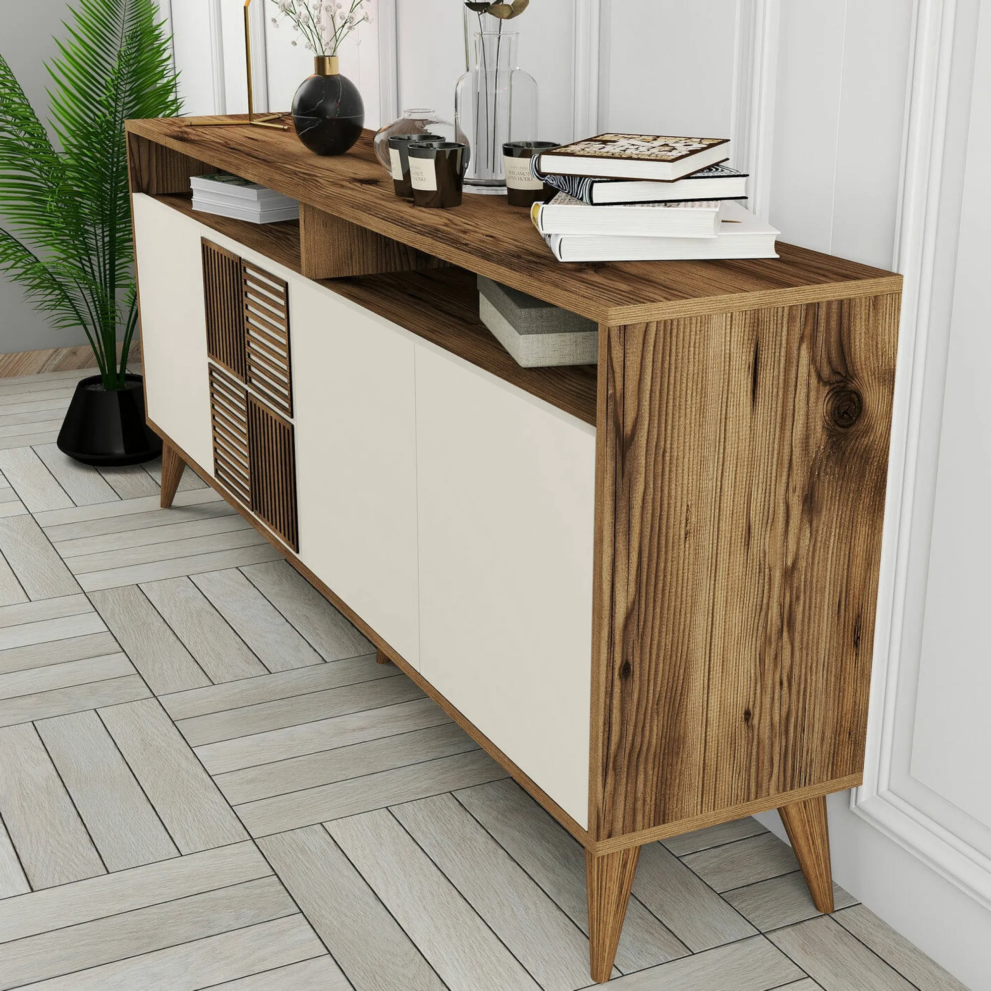 Credenza Benjamin, 180x35 h79 cm, Noce e Crema<Dmora Clearance