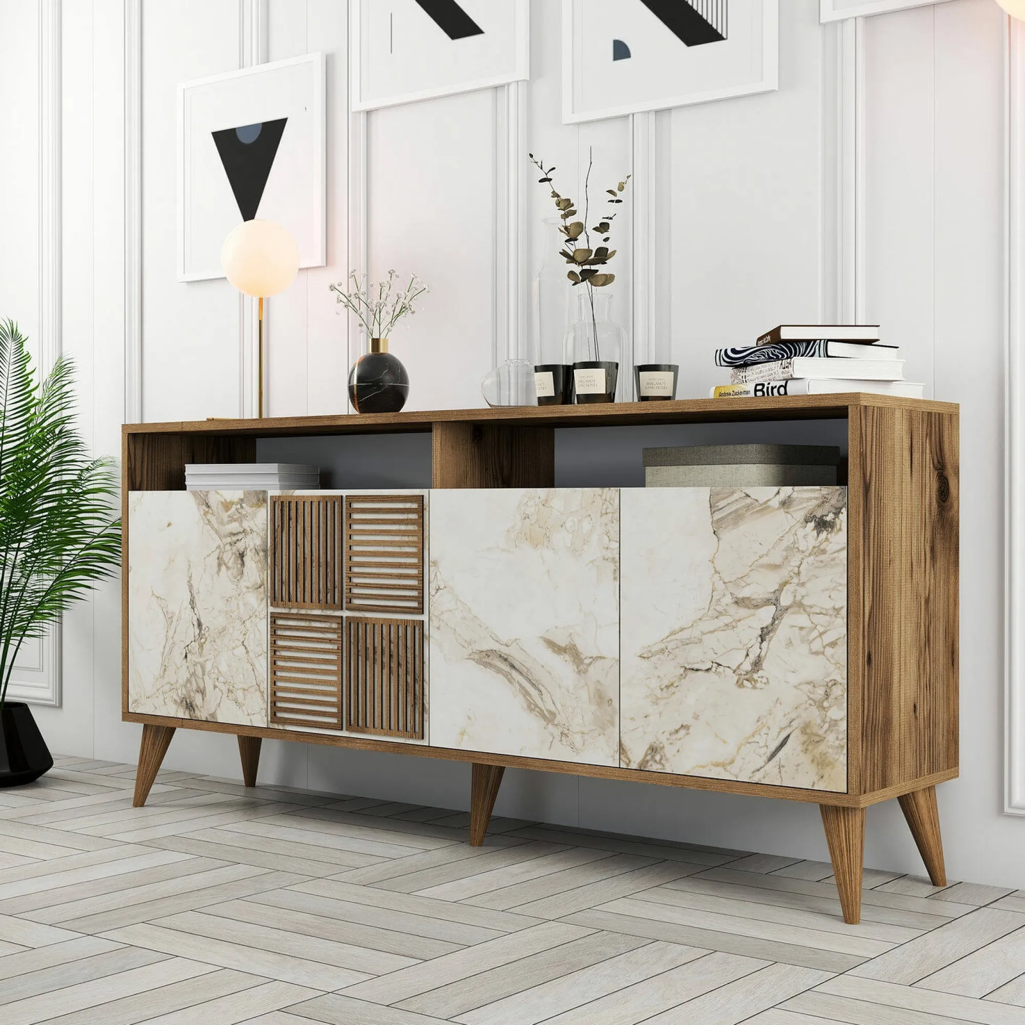 Credenza Benjamin, 160x35 h78 cm, Noce e Grigio<Dmora Cheap
