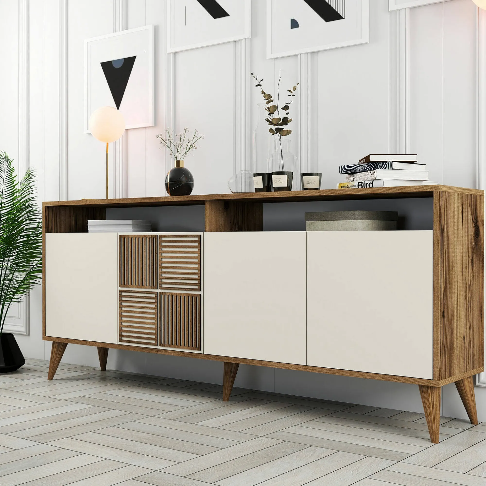 Credenza Benjamin, 180x35 h79 cm, Noce e Crema<Dmora Clearance