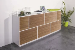 Credenza Clinoumite, cm 200x41h86, Bianco lucido e Noce<Dmora Hot