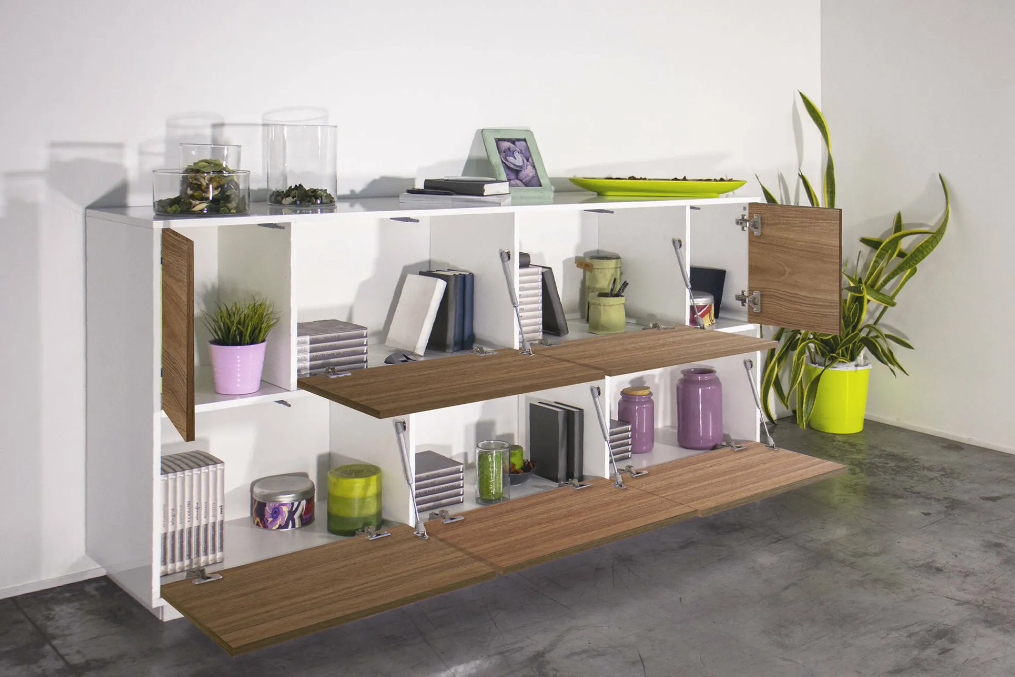 Credenza Clinoumite, cm 200x41h86, Bianco lucido e Noce<Dmora Hot